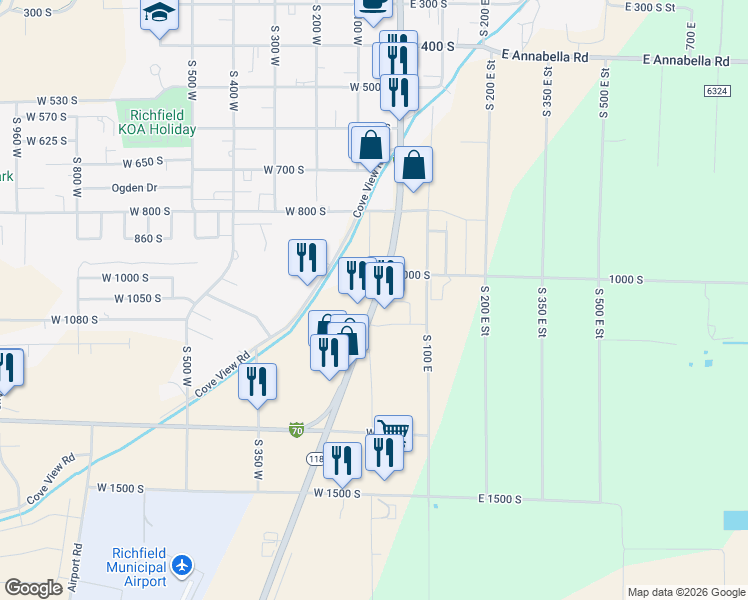 map of restaurants, bars, coffee shops, grocery stores, and more near 20 West 1050 South in Richfield