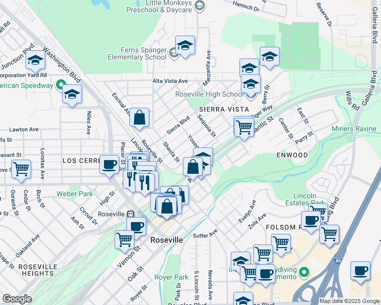 map of restaurants, bars, coffee shops, grocery stores, and more near 229 Tahoe Avenue in Roseville