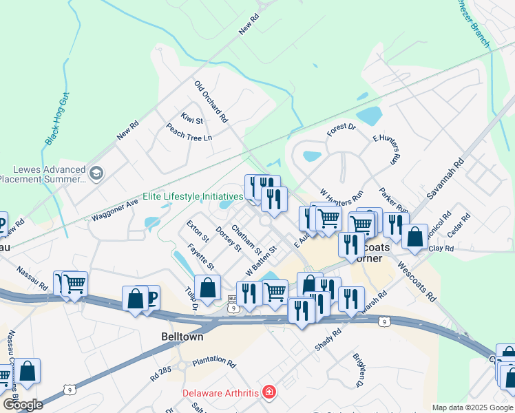 map of restaurants, bars, coffee shops, grocery stores, and more near 17400 North Village Main Boulevard in Lewes