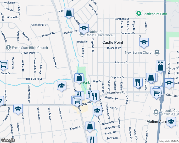 map of restaurants, bars, coffee shops, grocery stores, and more near 10111 Edgefield Drive in St. Louis
