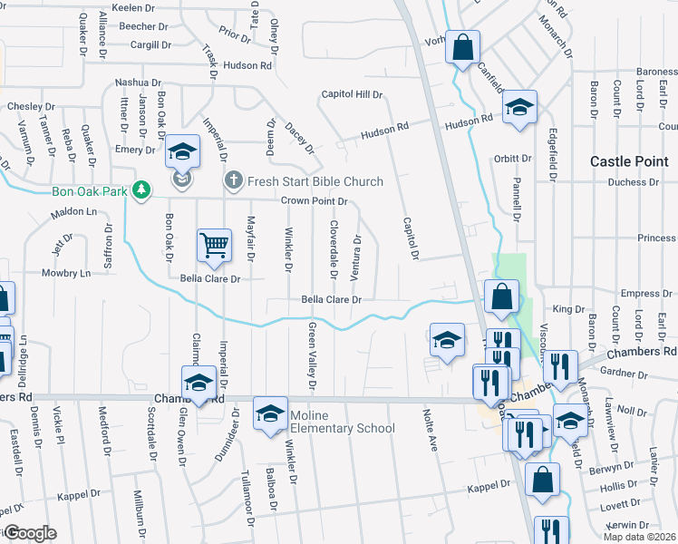 map of restaurants, bars, coffee shops, grocery stores, and more near 10127 Cloverdale Drive in St. Louis
