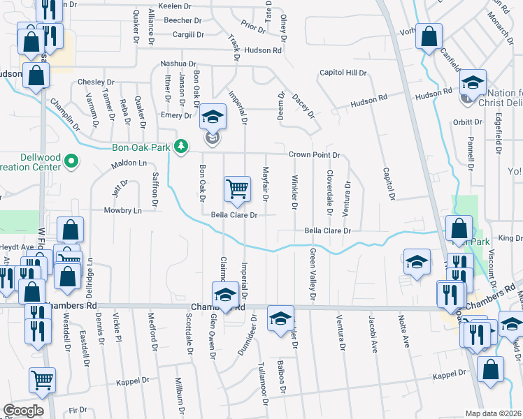 map of restaurants, bars, coffee shops, grocery stores, and more near 10151 Mayfair Drive in St. Louis