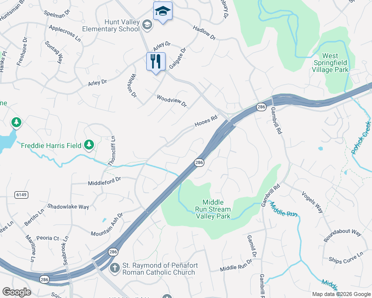map of restaurants, bars, coffee shops, grocery stores, and more near 8522 Innisfree Drive in Springfield