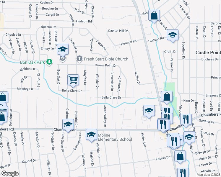map of restaurants, bars, coffee shops, grocery stores, and more near 10127 Cloverdale Drive in St. Louis