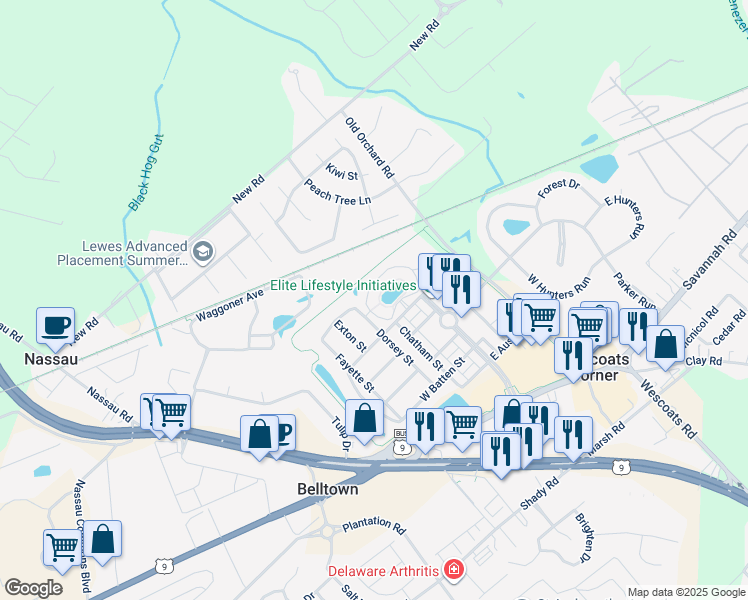 map of restaurants, bars, coffee shops, grocery stores, and more near 33120 North Village Loop in Lewes