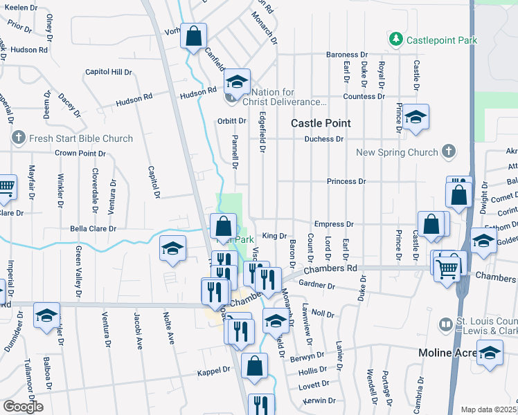 map of restaurants, bars, coffee shops, grocery stores, and more near 10111 Edgefield Drive in St. Louis