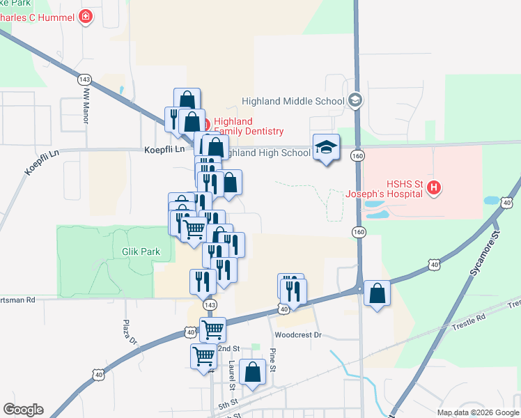 map of restaurants, bars, coffee shops, grocery stores, and more near 220 Suppiger Lane in Highland