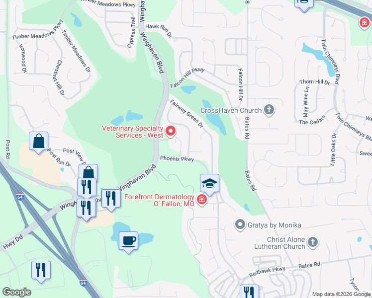 map of restaurants, bars, coffee shops, grocery stores, and more near 164 Bayhill Village Drive in O'Fallon
