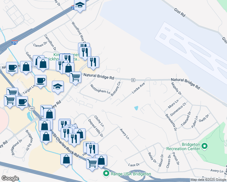 map of restaurants, bars, coffee shops, grocery stores, and more near 3987 Brittany Circle in Bridgeton