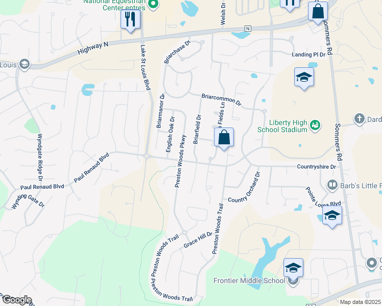 map of restaurants, bars, coffee shops, grocery stores, and more near 1945 Briarfield Drive in O'Fallon