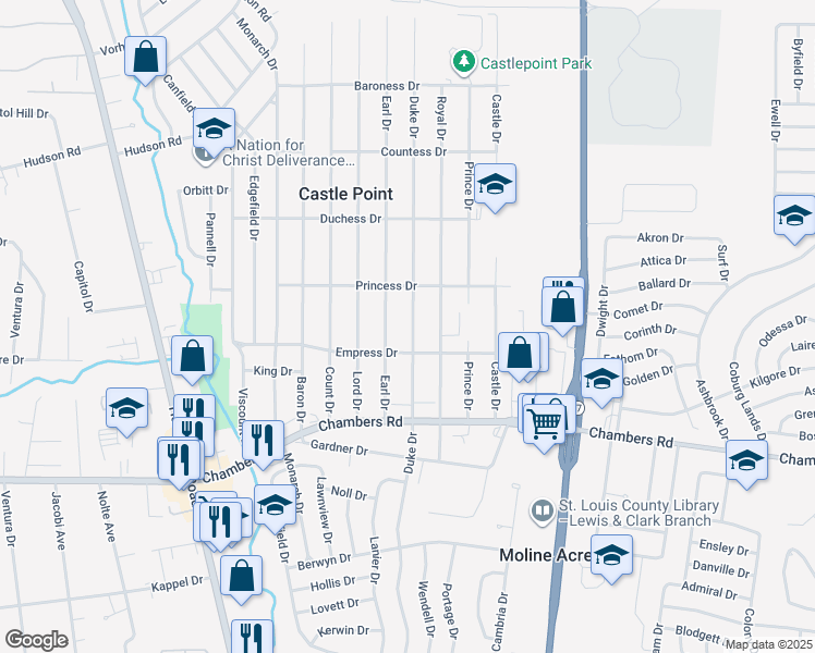 map of restaurants, bars, coffee shops, grocery stores, and more near 10121 Duke Drive in St. Louis