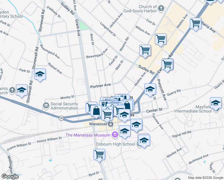 map of restaurants, bars, coffee shops, grocery stores, and more near 9306 Main Street in Manassas