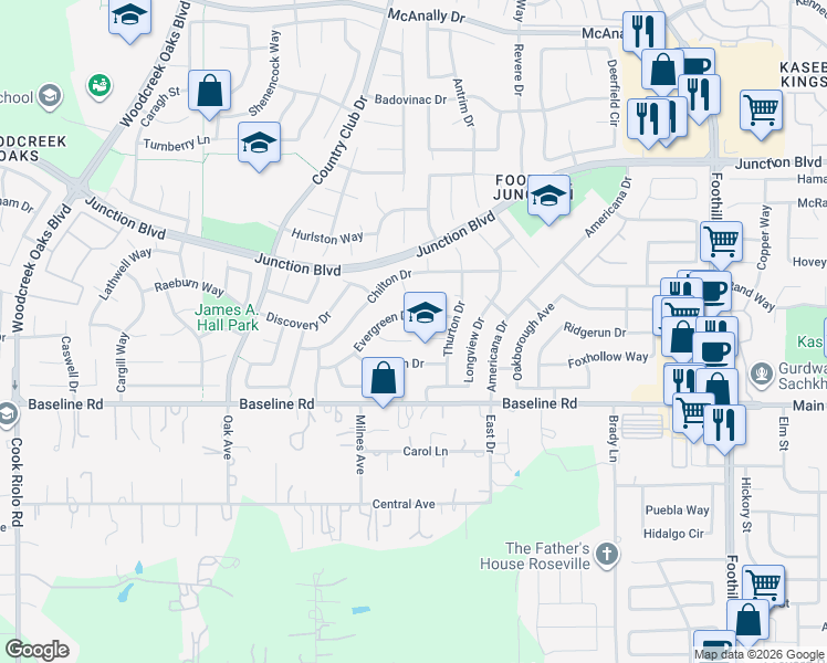 map of restaurants, bars, coffee shops, grocery stores, and more near 213 Red Leaf Court in Roseville