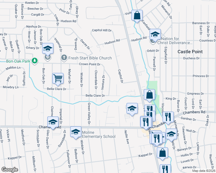 map of restaurants, bars, coffee shops, grocery stores, and more near 10125 Crown Point Drive in St. Louis