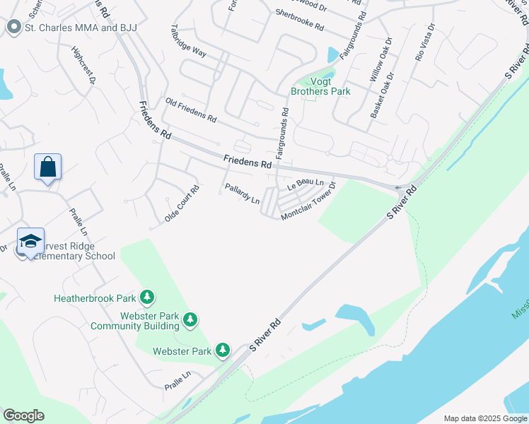 map of restaurants, bars, coffee shops, grocery stores, and more near 376 Montclair Tower Drive in Saint Charles