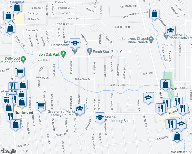 map of restaurants, bars, coffee shops, grocery stores, and more near 10150 Mayfair Drive in St. Louis