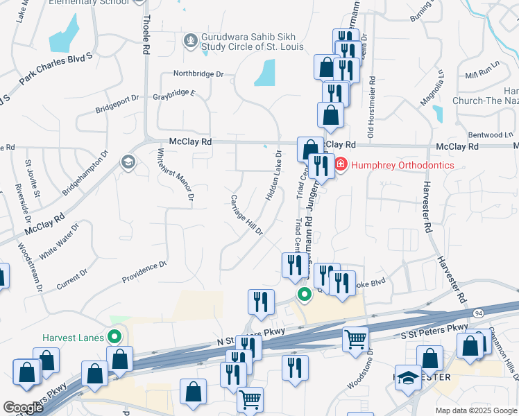 map of restaurants, bars, coffee shops, grocery stores, and more near 516 Hidden Lake Drive in St. Peters