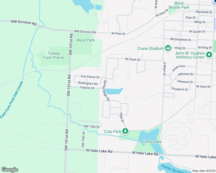 map of restaurants, bars, coffee shops, grocery stores, and more near 725 Spring Ridge Road in Warrensburg