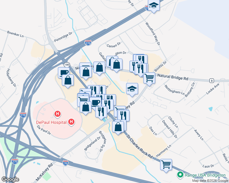 map of restaurants, bars, coffee shops, grocery stores, and more near Target Lane in Bridgeton