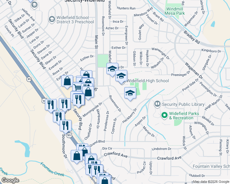 map of restaurants, bars, coffee shops, grocery stores, and more near 608 Widefield Drive in Colorado Springs