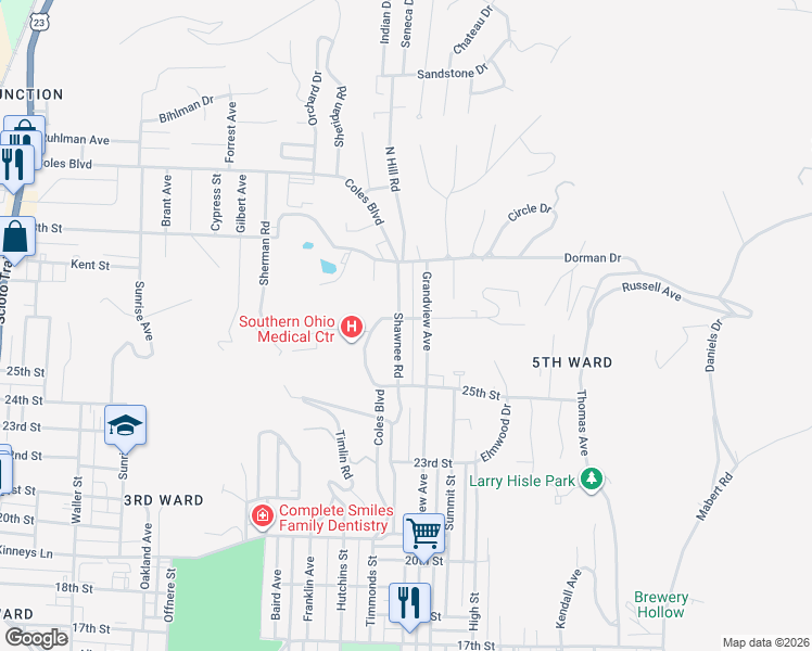 map of restaurants, bars, coffee shops, grocery stores, and more near 2650 Shawnee Road in Portsmouth