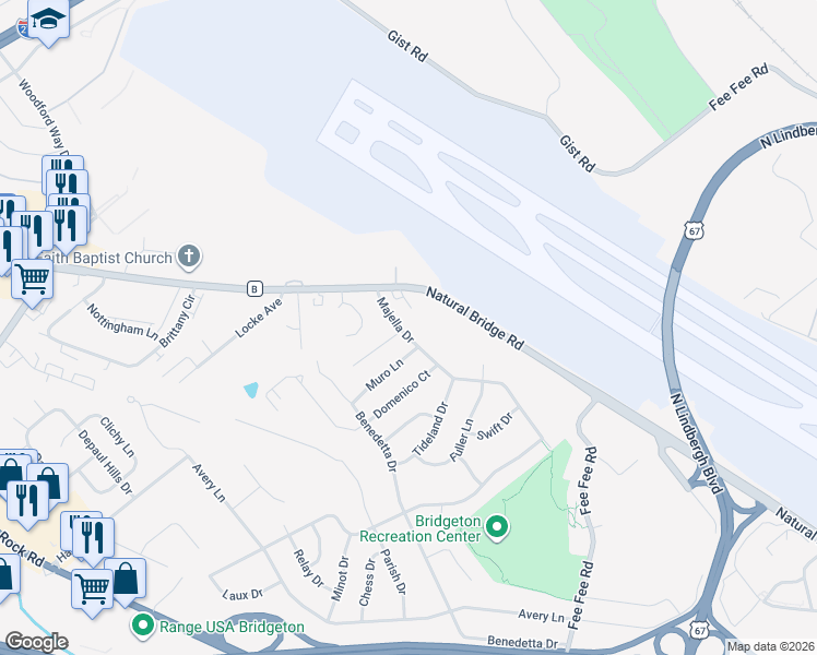 map of restaurants, bars, coffee shops, grocery stores, and more near 11926 Majella Drive in Bridgeton