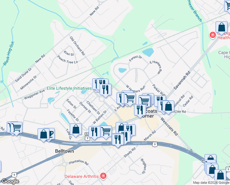 map of restaurants, bars, coffee shops, grocery stores, and more near 33323 East Chesapeake Street in Lewes