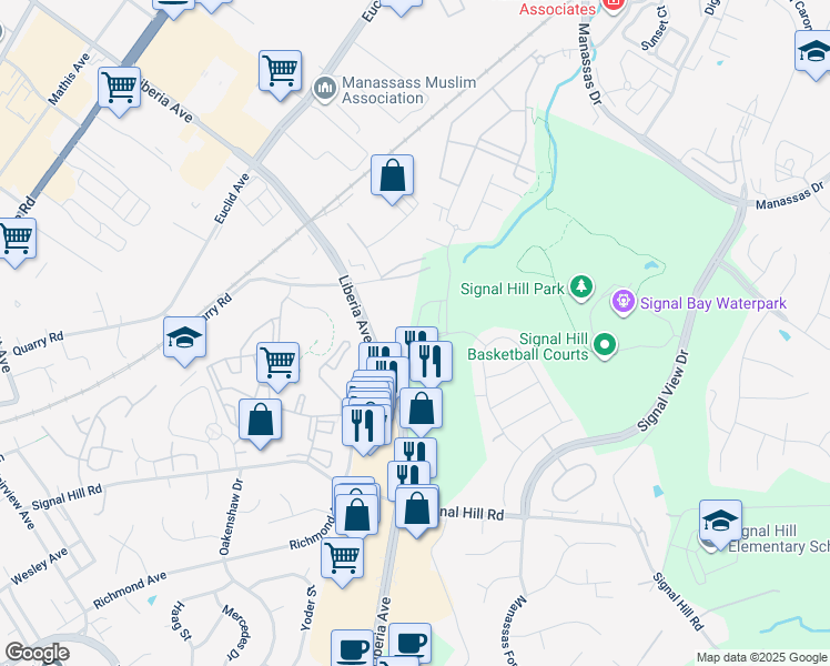 map of restaurants, bars, coffee shops, grocery stores, and more near 9290 Kos Lane in Manassas