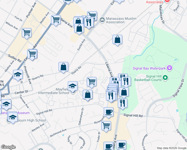 map of restaurants, bars, coffee shops, grocery stores, and more near 9563 Battery Heights Boulevard in Manassas