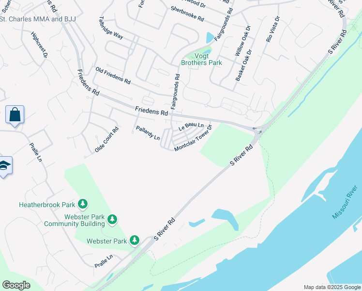 map of restaurants, bars, coffee shops, grocery stores, and more near 304 Montclair Tower Drive in Saint Charles