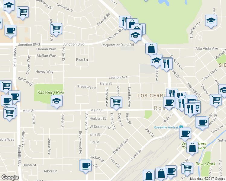 map of restaurants, bars, coffee shops, grocery stores, and more near 712 Pleasant Street in Roseville