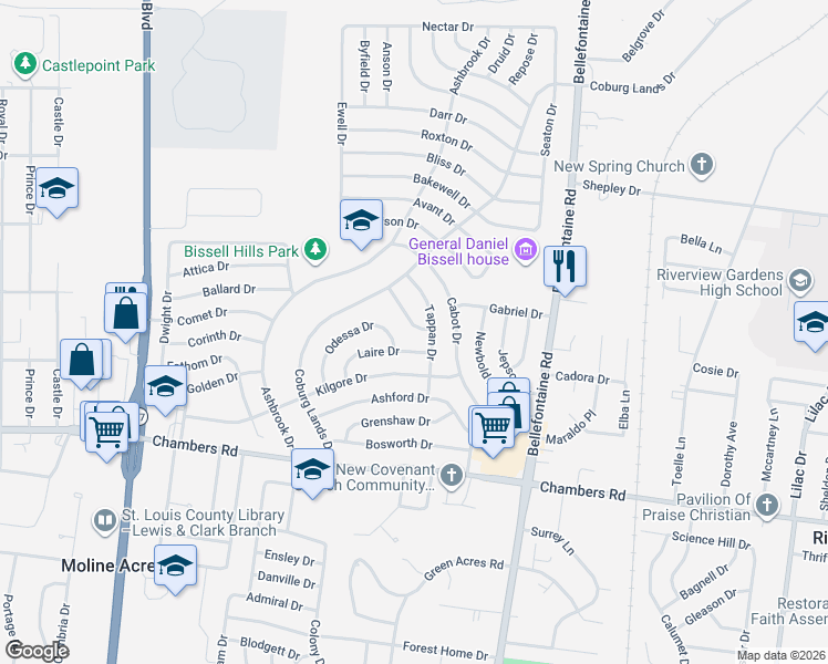 map of restaurants, bars, coffee shops, grocery stores, and more near 10213 Unicorn Drive in St. Louis
