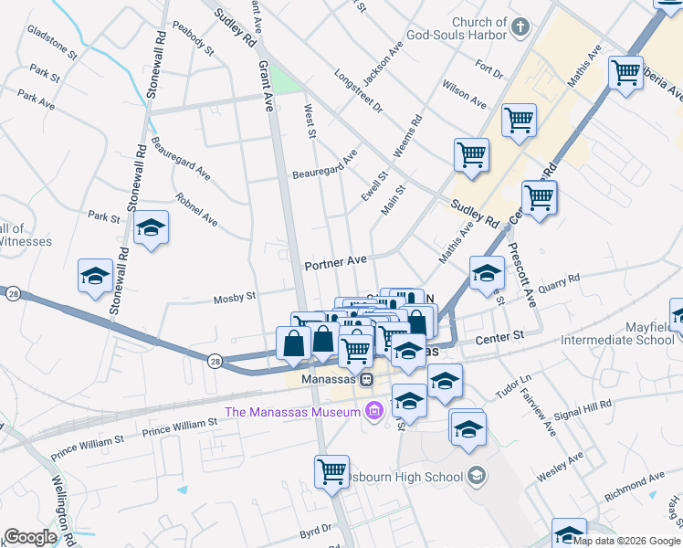 map of restaurants, bars, coffee shops, grocery stores, and more near 9305 West Street in Manassas