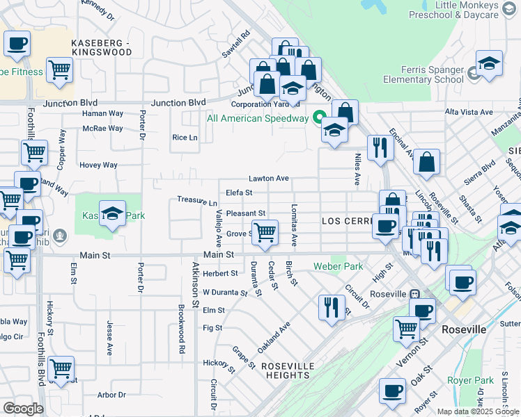 map of restaurants, bars, coffee shops, grocery stores, and more near 704 Pleasant Street in Roseville