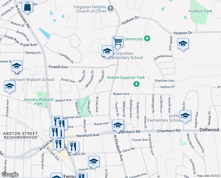 map of restaurants, bars, coffee shops, grocery stores, and more near 451 Robert Avenue in Ferguson