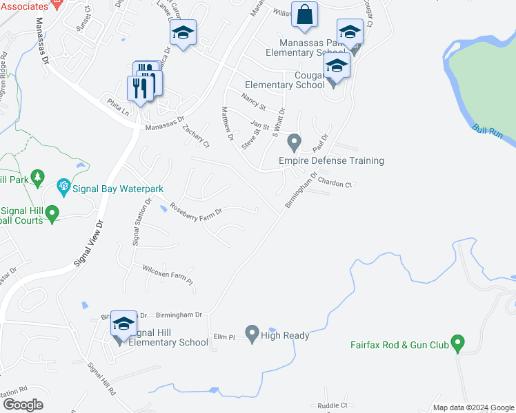 map of restaurants, bars, coffee shops, grocery stores, and more near 7724 Roseberry Farm Drive in Manassas