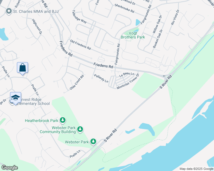 map of restaurants, bars, coffee shops, grocery stores, and more near 376 Montclair Tower Drive in Saint Charles