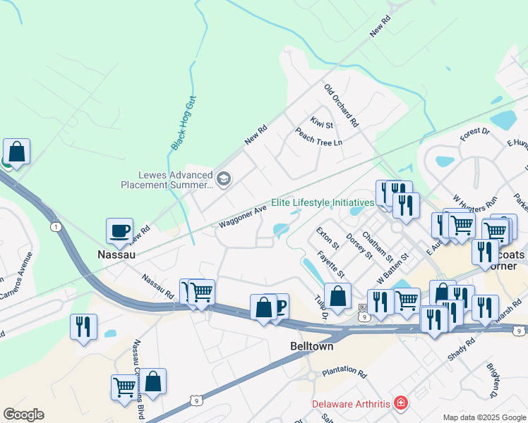 map of restaurants, bars, coffee shops, grocery stores, and more near 23130 Waggoner Avenue in Lewes
