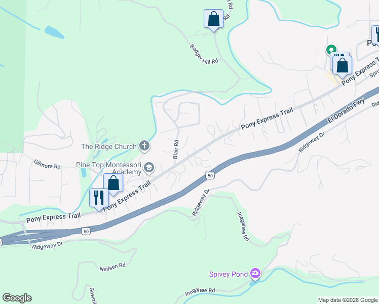 map of restaurants, bars, coffee shops, grocery stores, and more near 5840 Pony Express Trail in Pollock Pines