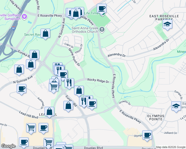 map of restaurants, bars, coffee shops, grocery stores, and more near 1420 Rocky Ridge Drive in Roseville