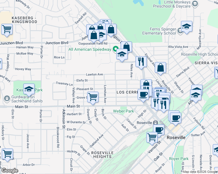 map of restaurants, bars, coffee shops, grocery stores, and more near 520 Pleasant Street in Roseville