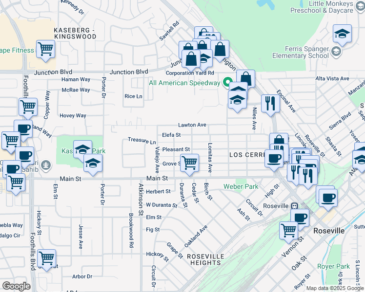 map of restaurants, bars, coffee shops, grocery stores, and more near 712 Pleasant Street in Roseville