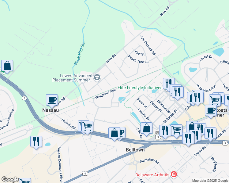 map of restaurants, bars, coffee shops, grocery stores, and more near 23130 Waggoner Avenue in Lewes