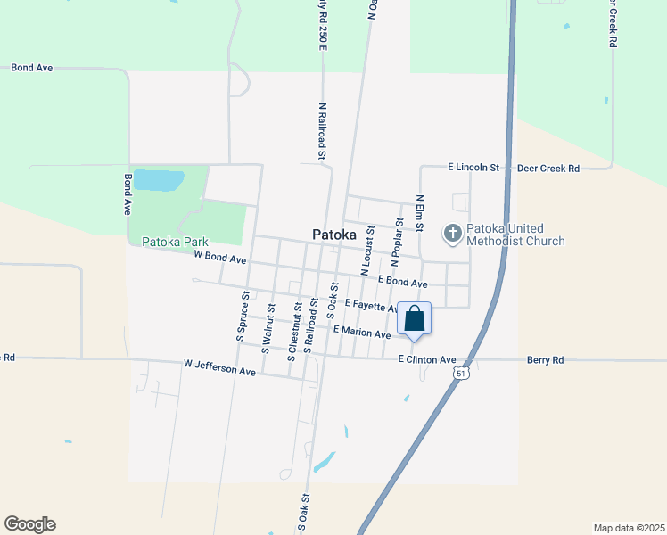 map of restaurants, bars, coffee shops, grocery stores, and more near Bond Avenue in Patoka