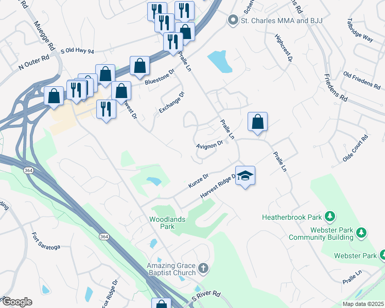 map of restaurants, bars, coffee shops, grocery stores, and more near 2052 Avignon Drive in Saint Charles
