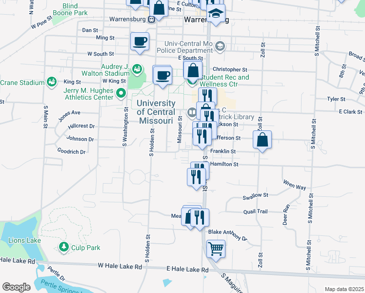 map of restaurants, bars, coffee shops, grocery stores, and more near 715 Missouri Street in Warrensburg