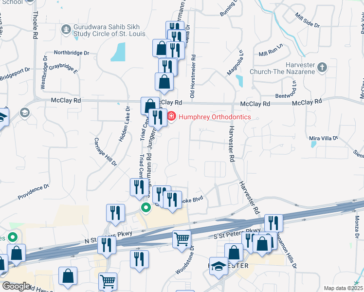map of restaurants, bars, coffee shops, grocery stores, and more near 3068 Almond Tree Drive in St. Peters