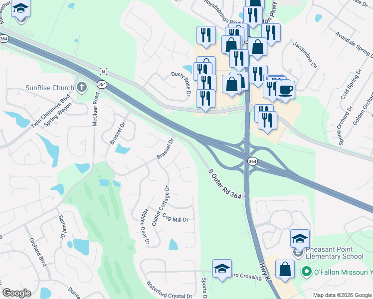 map of restaurants, bars, coffee shops, grocery stores, and more near 130 Wild Pigeon Court in O'Fallon