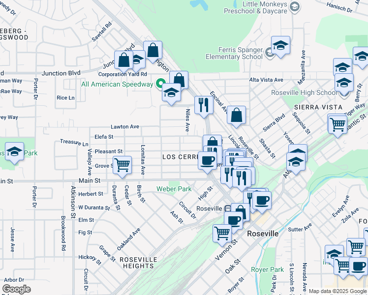 map of restaurants, bars, coffee shops, grocery stores, and more near 332 Pleasant Street in Roseville