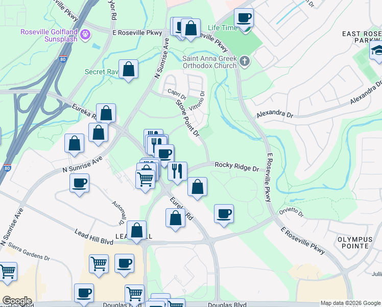 map of restaurants, bars, coffee shops, grocery stores, and more near 1486 Stone Point Drive in Roseville